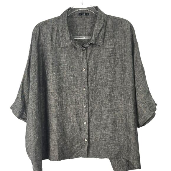 Vivid Button Front Top Short Sleeve 100% Linen Relaxed Boxy Fit Woven Gray 2X - Picture 1 of 7
